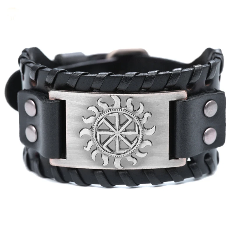 

Viking Totem Sun Wheel Amulet Bracelet Men's Metal Leather Bracelet - Adjustable Size 19-30 cm