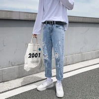 new summer mens nine point jeans fashion loose straight tube korean broken academy light blue rushed recommend at a loss