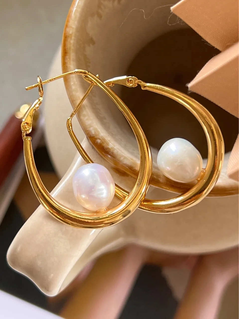 

large oval freshwater pearl earrings for women classic hoop simple romance fine eardrop