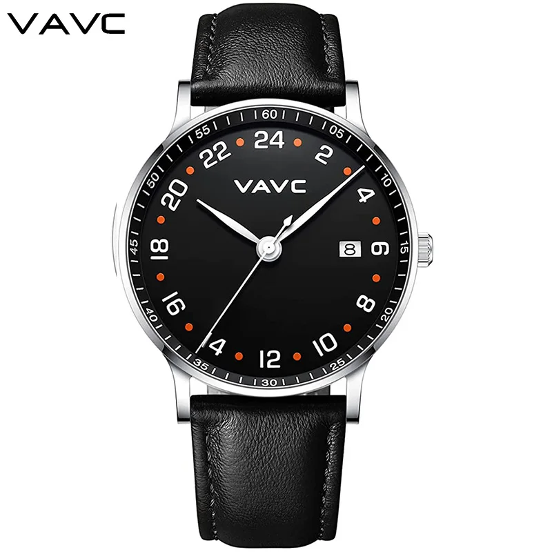2022 VAVC New 24 Hour Quartz Wrist Watch Unisex Swiss Quartz Movement 5 Bar Waterproof Watch with Black Leather Strap Men Women