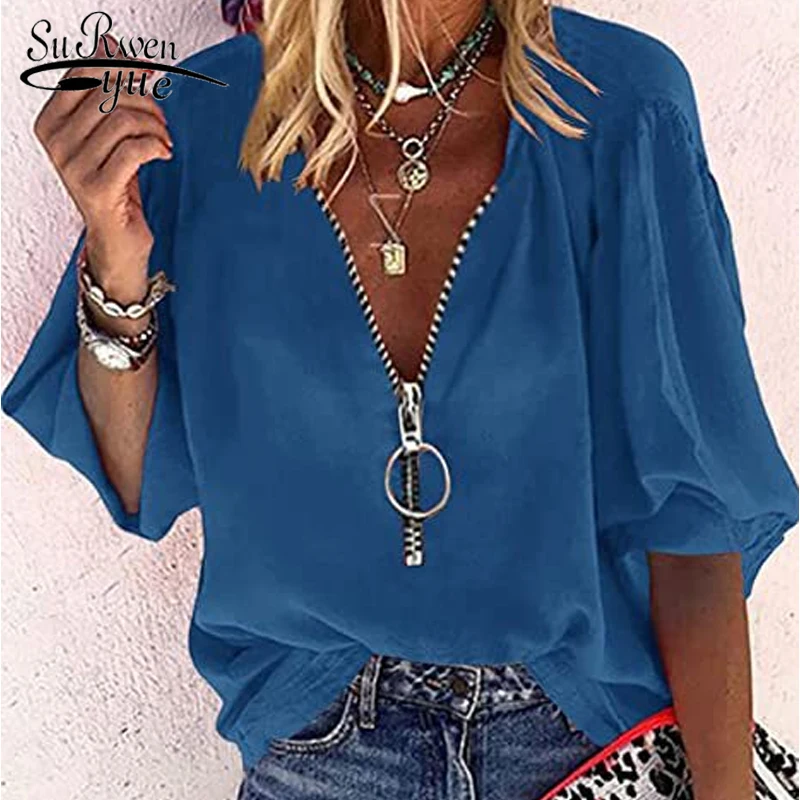 

Новая модная женская блузка на молнии с V-образным вырезом 2022 Повседневная шифоновая женская рубашка с рукавом до локтя летние топы Женская ...