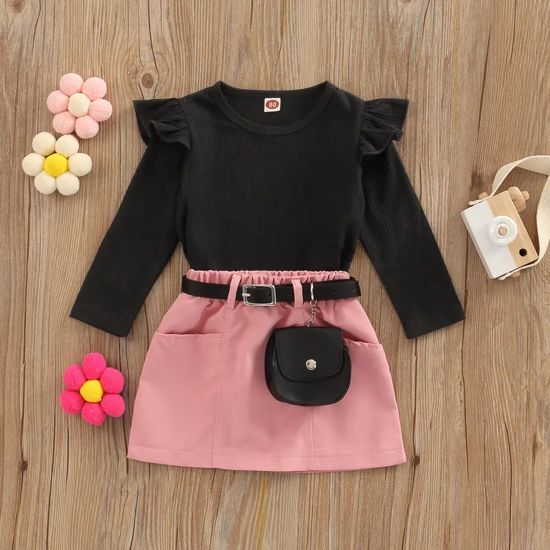 

Комплекты одежды для маленьких девочек для подростков, однотонные Топы с длинным рукавом и круглым вырезом и оборками, эластичная талия, тр...