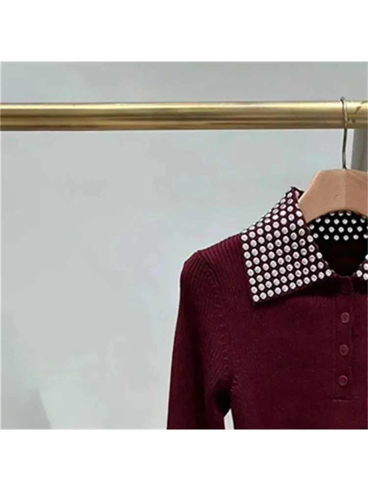 Женский тонкий вязаный пуловер топы с отложным воротником и длинными рукавами