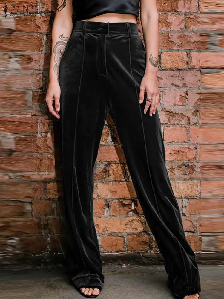 

Fashion Casual Solid Elastic Waist Pants Office Lady High Waist Pantalon Velvet Loose Trousers ZANZEA Women's Straight Leg Pants