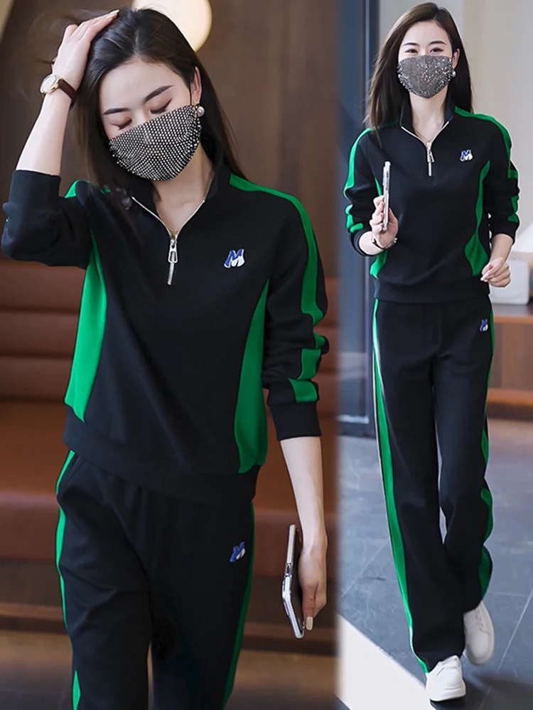 

Женский спортивный костюм с воротником-стойкой, корейский костюм из пуловера и брюк с широкими штанинами, осень 2023