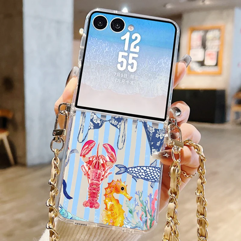 Фото Чехол для телефона с узором сардин и краба для Samsung Galaxy Z Flip 8 7 6 5 4 3 5G Flip8 Flip7 FE Flip6, мягкий чехол с ремешком через плечо. №2