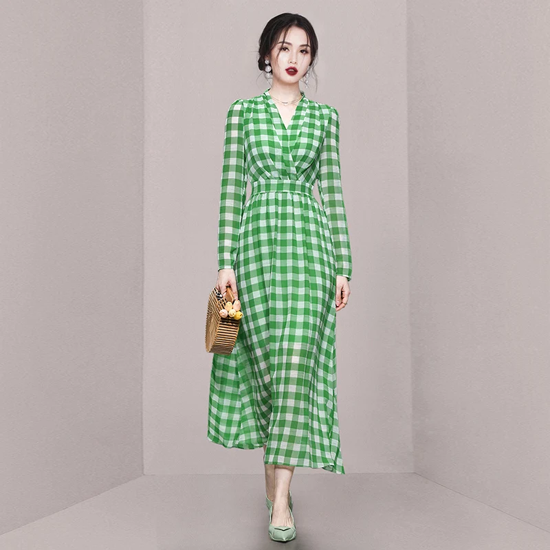 

Новинка 2023, модное женское зеленое летнее клетчатое шикарное длинное платье средней длины, женское офисное повседневное уличное модное пла...