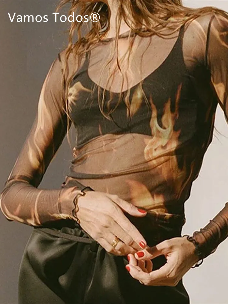

Fire Graphic Tees Women Sexy Tops See Through Y2k Aesthetic Clothes O-Neck Full Sleeve Edible Tree Fungus Gothic Fashion T Shirt