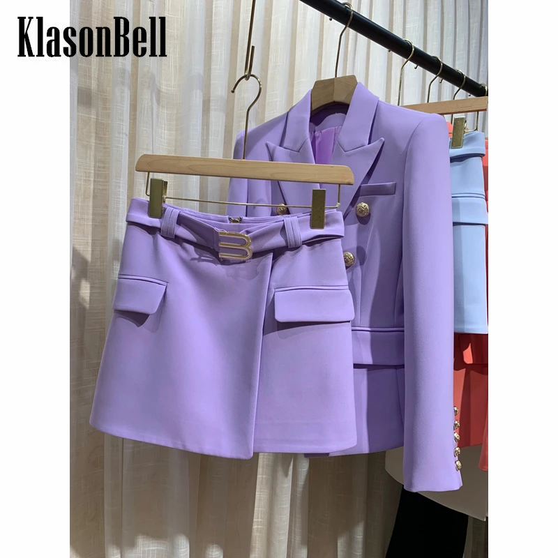 

5.18 KlasonBell Double Breasted Long Sleeve Solid Color Slim Blazer Jacket Or With Belt A-Line Skirt Temperament Set Women