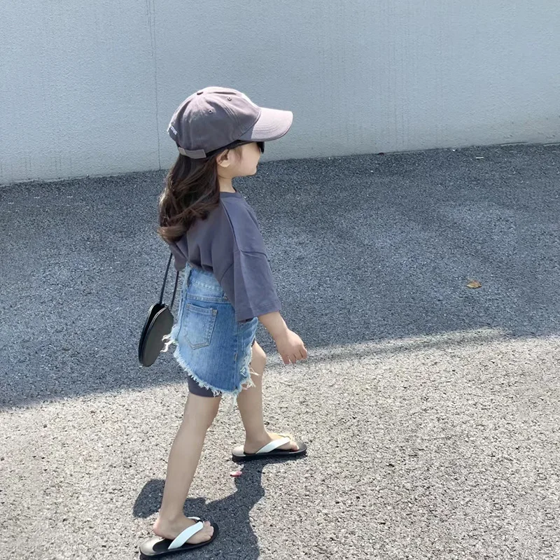 

Girls' Summer Dress Suit Korean Version New Foreign Style Letter Mid-length Short Sleeve T-shirt + Denim Skirt Two-piece Set