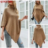 7 colors women button style triangle long pullover high neck loose sweater autumn outer street cloak knitted poncho streetwear