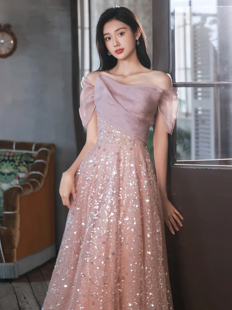 

Pink Evening Dress 2023 New Off The Shoulder Sequins Floor-length Engagement Vestidos Blingbling Formal Party Gown
