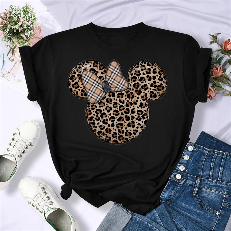 

Disney Fashion Cute Leopard Mouse Head Cartoon Print Casual Black Women T-Shirt O-Neck Tops Short Sleeve Loose Tee Shirt