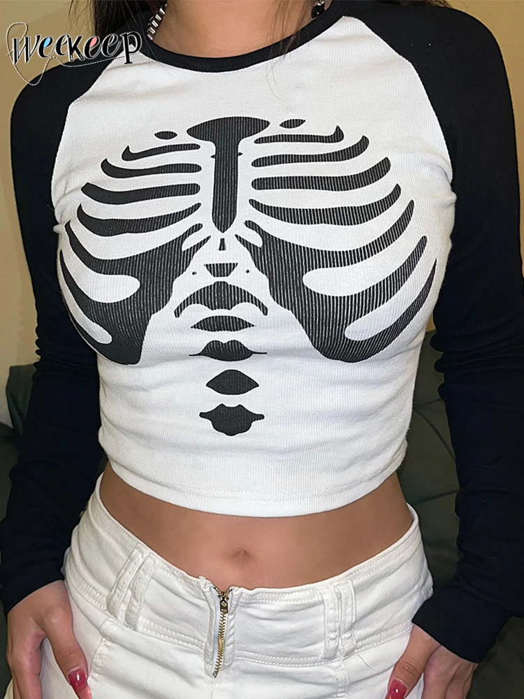 

Женский облегающий Топ Weekeep, готический Повседневный трикотажный топ с длинным рукавом и графическим принтом, базовая уличная одежда в стил...