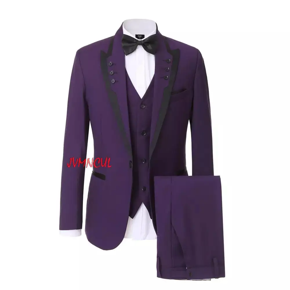 

Latest Purple Slim Fit Men Suits Wedding Groom Tuxedos 3 Pieces (Jacket+Pants+Vest) Bridegroom Suits Best Man Prom Wear Blazer