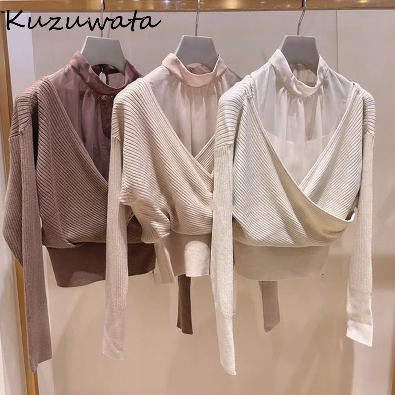 Kuzuwata 2022 осенний Новый джемпер пикантные рубашки с открытыми плечами пэчворк два