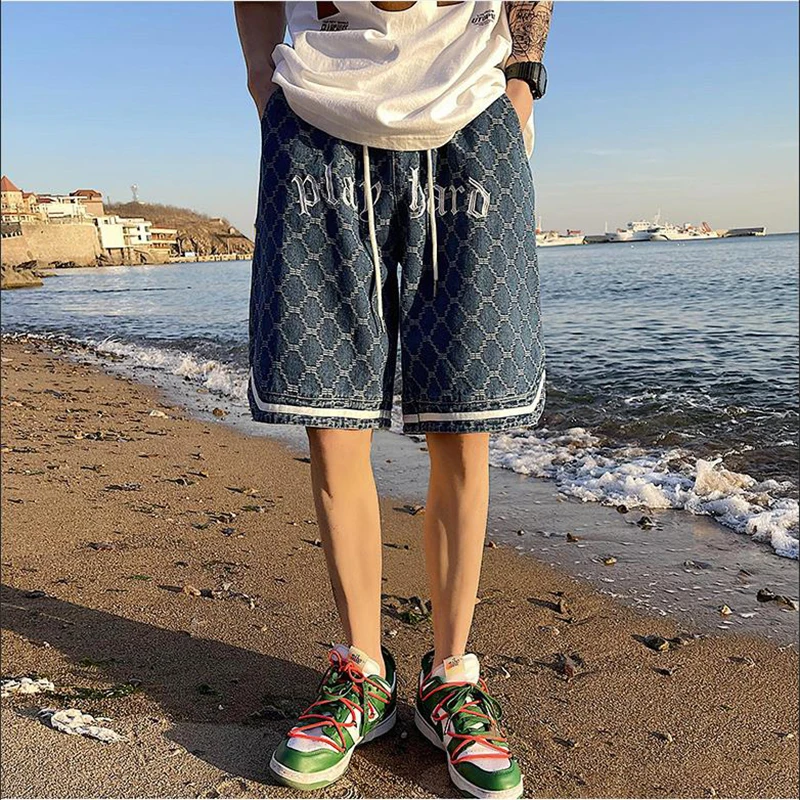 

2023 Hot Sale Summer Fashion Korean y2k Style Letter Clothes Black Denim Shorts Men High Quality Casual Beach Baggy Men Short