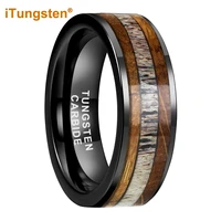 itungsten 8mm black tungsten ring for men women deer antler whisky wood inlay wedding band fashion jewelry domed comfort fit