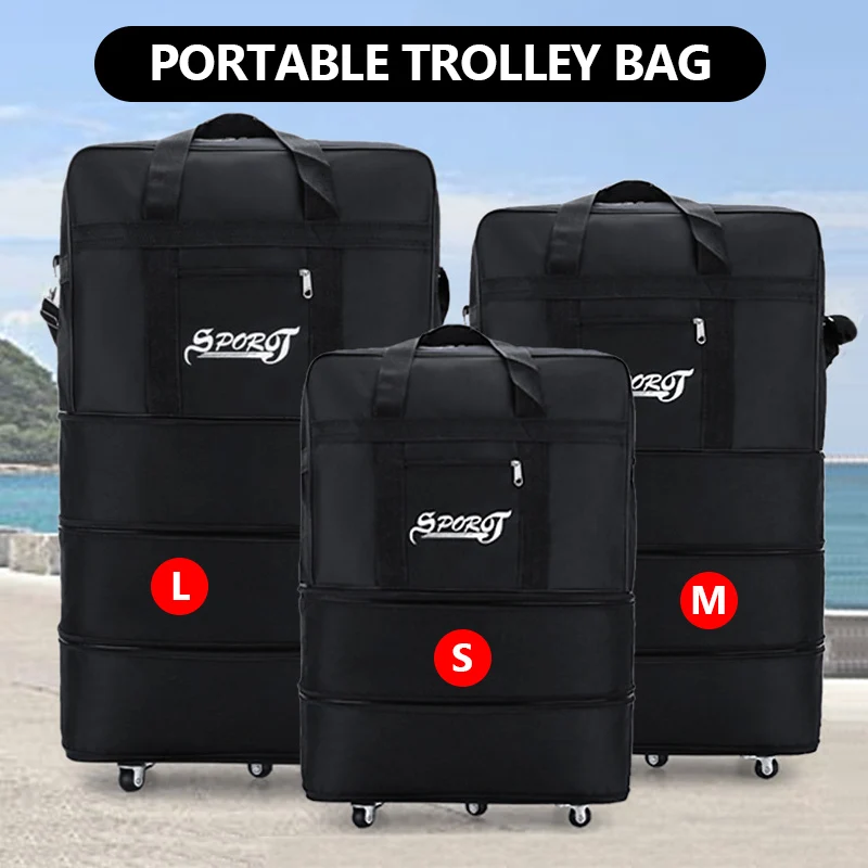 Black Rolling Luggage Suitcase With Wheels Expandable Folding Oxford Trolley Case Travel Bag Women Men Weekend Trip Pack X49C