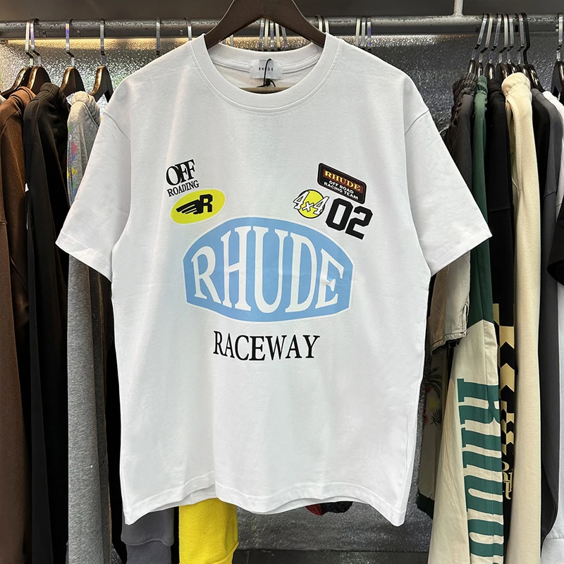 

High Quality Rhude T-shirt Racing Series Letter Printed RHUDE Round Neck Short Sleeve T Shirt Men Women Couples Top Tee