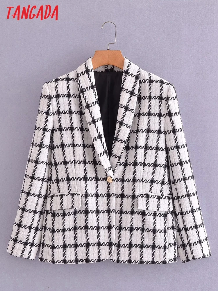 

Tangada Women 2022 Tweed Blazer Female Long Sleeve Elegant Jacket Ladies Blazer Suits 3A133
