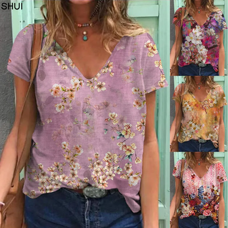 

2022 New Women Summer T Shirt Fashion Floral Print Casual Ladies V-Neck Short Sleeve Pullover Top New Tee Loose Streetwear
