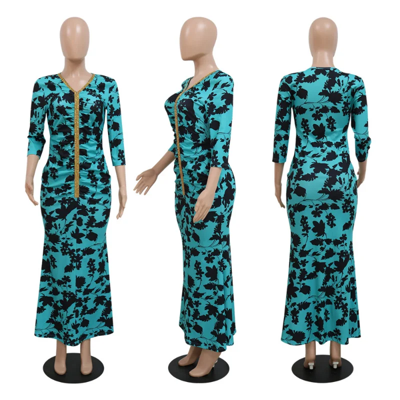 2023 Summer Spring elegant Style Muslim Women Long Sleeve V-neck Polyester Printing Long Dress Muslim Abaya Muslim Fashion Dress