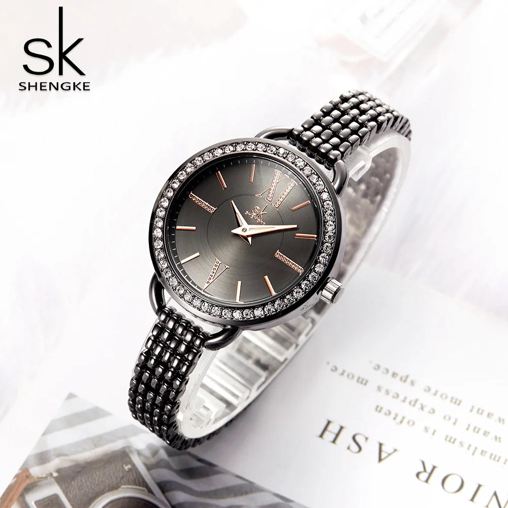 Jewelry Relogio Feminino Gifts For Women's Shengke Luxury Black Steel Quartz Watch Brand Women Watches Fashion Ladies Clock