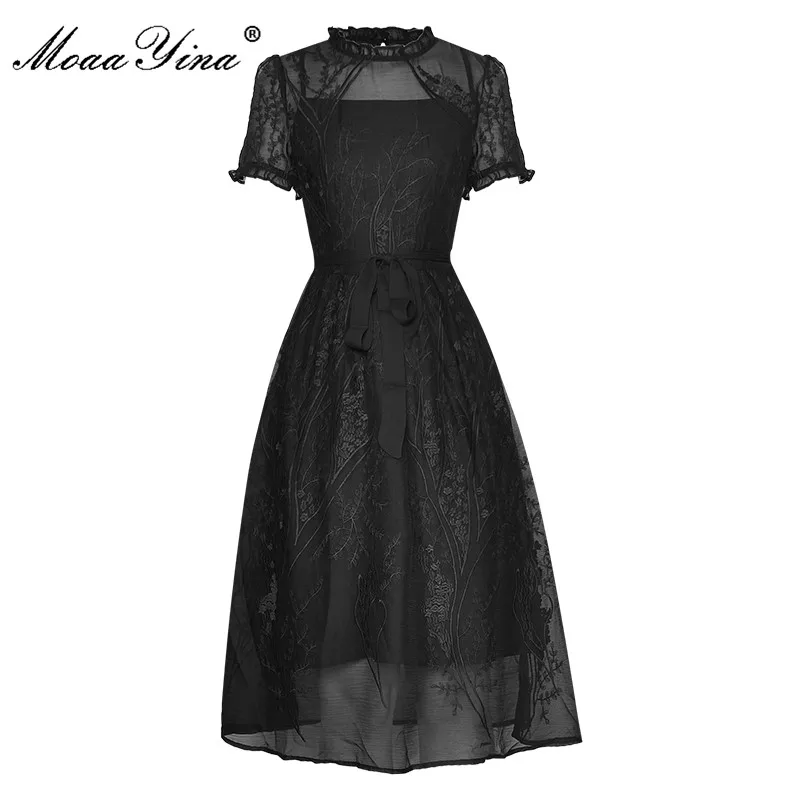 

MoaaYina Fashion Designer Summer Balck Midi Dress Women's Short sleeve Belted Embroidery Vintage Party Dress