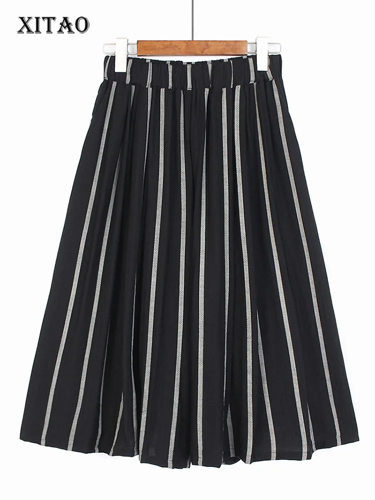 

XITAO Striped Wide Leg Pants Fashion Women Elastic Waist Goddess Fan Casual Style 2022 Summer Calf Length Pants WLD8206