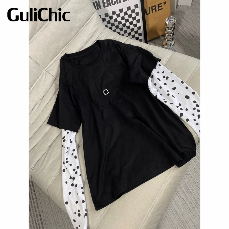 

8.8 GuliChic Women Street Fashion Patchwork Contrast Color Print Polka Dot Cotton Long Sleeve Loose T-Shirt