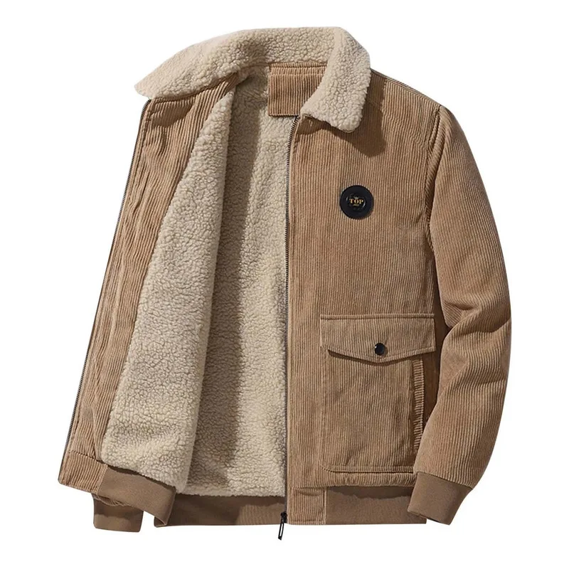 

Men Borg Collar Letter Patched Teddy Lined Corduroy Jacket