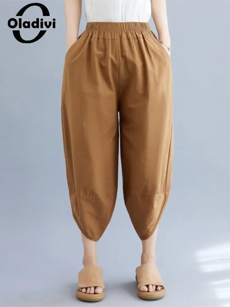 

Oladivi Cotton Linen Calf-Length Harem Pants with Pockets for Women Spring Summer Casual Loose Bottom Ladies Black Trousers 1602