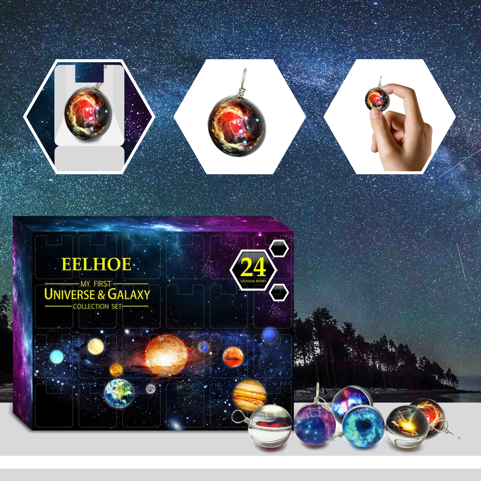 

Galaxy Christmas Advent Calendar Gift Box 2023 New Year 24 Days Countdown Kids Teens Planet Universe Glass Beads Marbles Toys