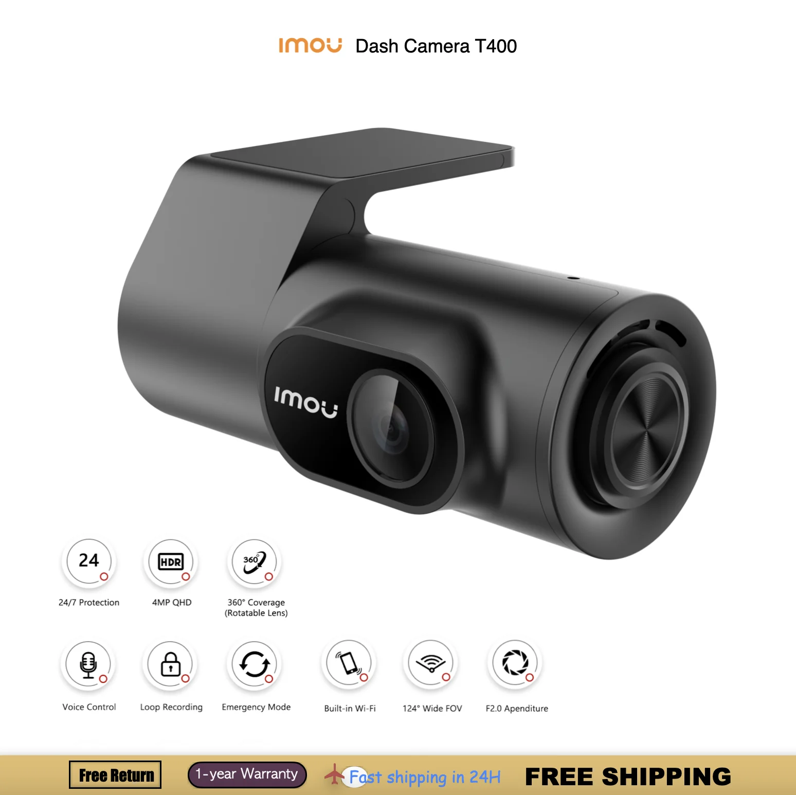 

IMOU T400 Dash Cam DVR Video 4MP FHD Voice Control 24H Recorder Night Vision WiFi TF Card 128G Collision Detectio