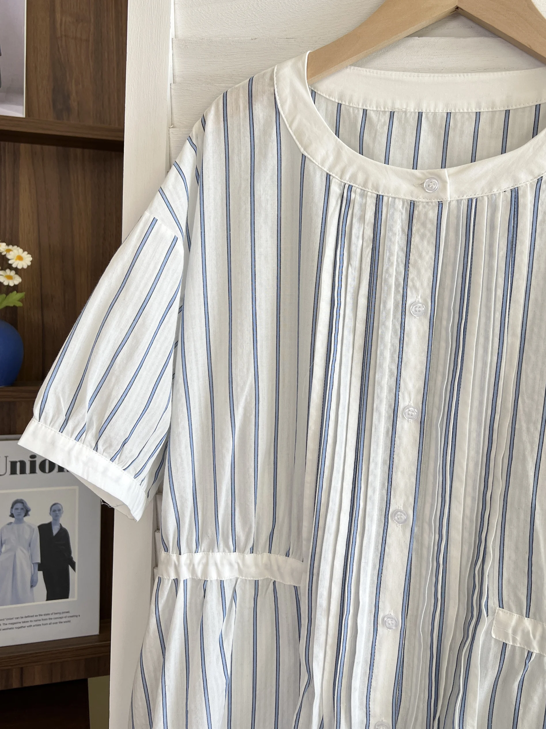 Japan fashion Knowledge Girl Vertical Stripes Pure Cotton Patchwork Waist Line Bubble Short sleeve Dress Loose Slimming Long ...