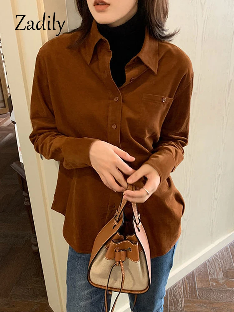 

Zadily 2022 Winter Korean Style Long Sleeve Corduroy Shirt Women Minimalist Button Tunic Blouse Fall Work Female Clothing Tops