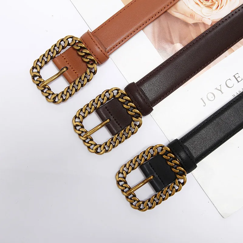 2023 New Women's Cowhide Belt Chain Buckle with Jeans Shirt Decoration Vintage Luxury Leather Belt