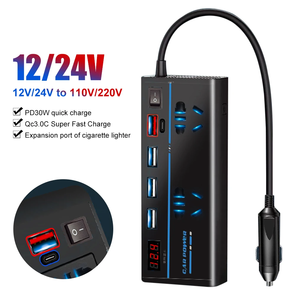 

200W Car Power Inverter DC12V/24V to AC110V/220V Power Converter Adapter Fast Charger with 2 AC Sockets 4 USB Ports LCD Display