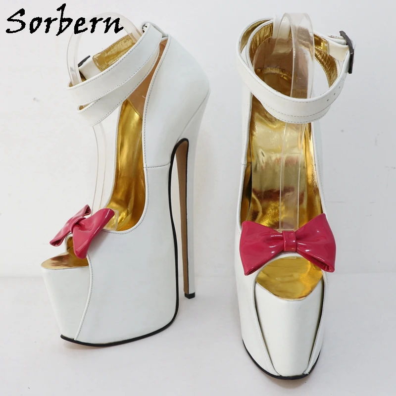 Sorbern White Real Leather Shoes Women 24Cm High Heel Double Ankle Straps With Bows Invisible Platform Open Toe Fetish Shoes