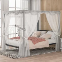 Home Modern Bedroom Furniture Beds Frames Bases Metal Framed Canopy Platform Bed Built-in Headboard Classic Design Queen Black