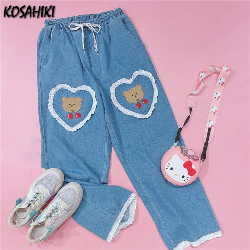 

Vintage Woman Jeans Fashion 2023 Lace Bear Embroidery Wide Leg Pants Loose Casual High Waist Baggy Denim Pants Women
