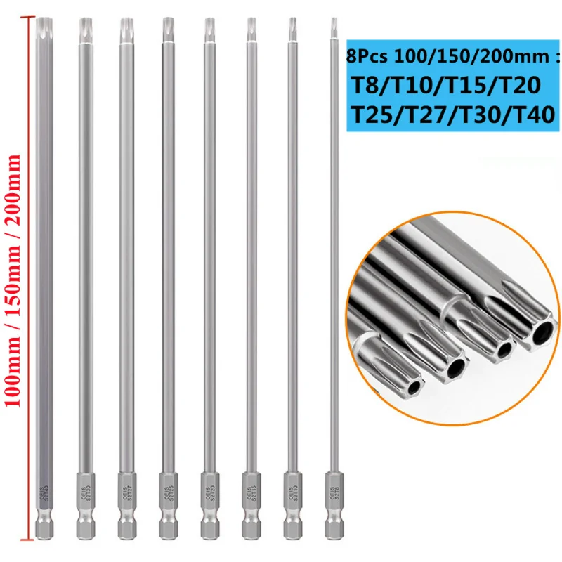 

8PCS T8 T10 T15 T20 T25 T27 T30 T40 Torx Screwdriver Bit 1/4'' Shank Hex Wind Drill Head 150mm 200mm Screw Wrench Magnetic Star