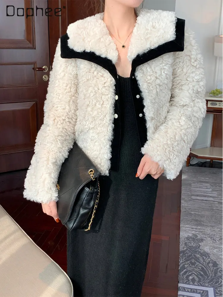 Korean Style Women's Winter Loose Turn-down Collar Furry Coat 2022 New Elegant Apricot Long Sleeve Lamb Wool Cardigan Jackets