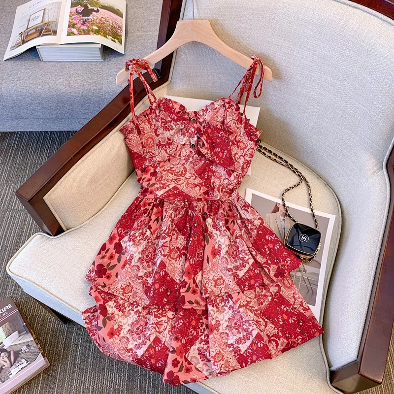 

Red Sweet Floral Mini Dress For Women New Casual Vintage Elegant Sleeveless Sundresses Sexy Party Summer Beach holiday Clothing