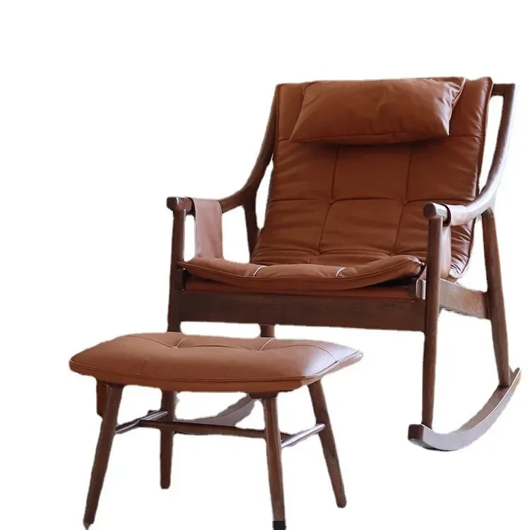 Скандинавское кожаное кресло-качалка из цельного дерева одиночный дизайнерский