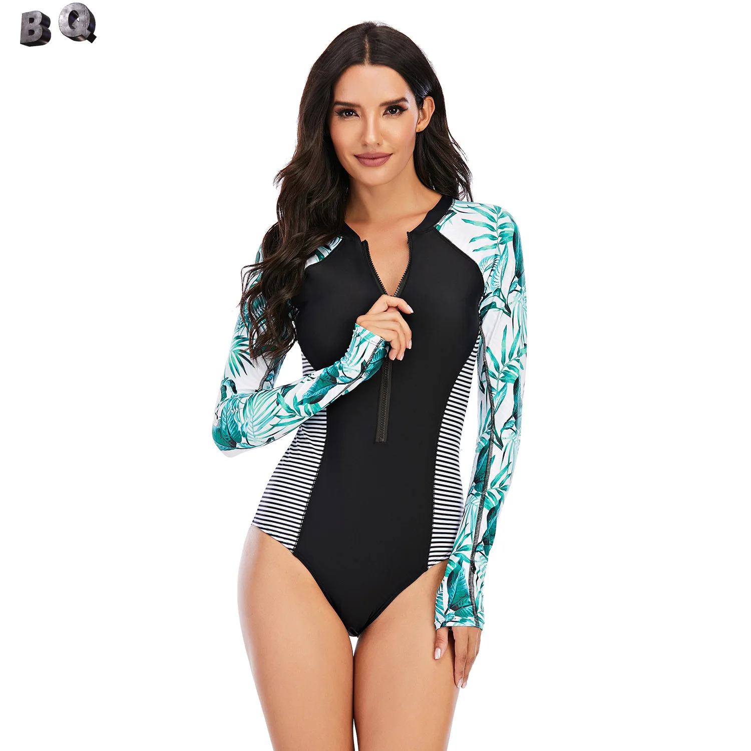 (BQ)1-Piece Long Sleeves Surfing Suit Sunscreen Women's Swimsuit   swimming suit for women high waist  womens