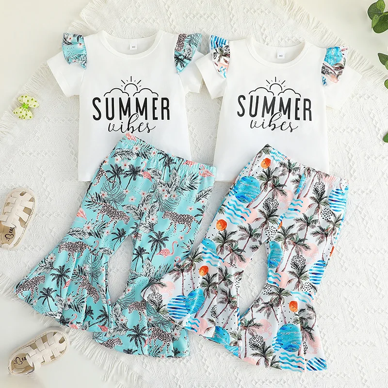 

Summer Kids Clothes Girls Fashion Short Sleeve Letter Print T-shirts+Beach Holiday Flare Long Pants 2pcs Outfits Girl Clothes