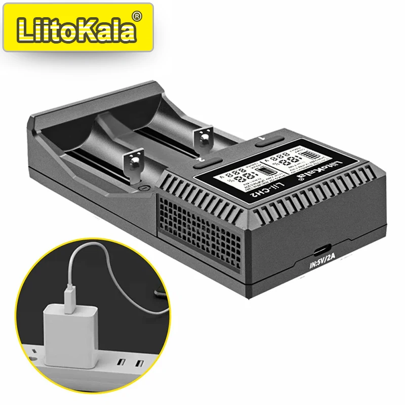 Фото Умное зарядное устройство LiitoKala Lii-CH2 для 18650/21700/AA/AAA/Ni-MH/Li-ion, быстрая зарядка с двумя слотами, порт USB-C, защита от перезарядки №3