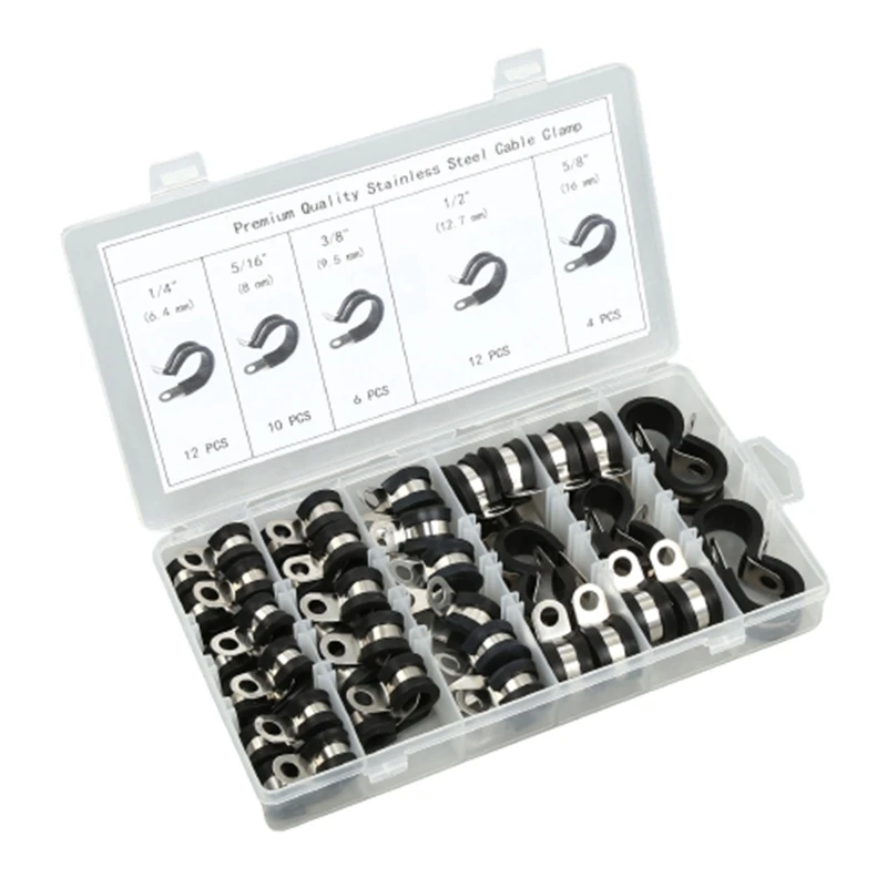 

JFBL Hot Cable Clamps Kit, 44 Pieces Stainless Steel Rubber Cushion Pipe Clamps Assorted In 5 Size Durable PP With Storage Cases
